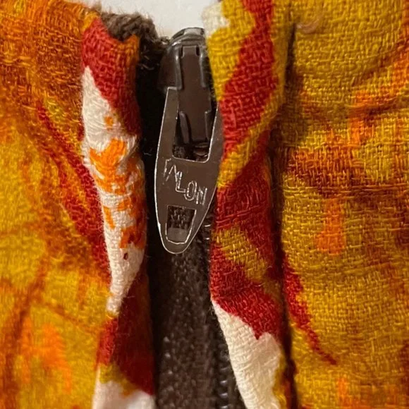 70s Vintage Kini Pela Hawaii Brown Orange Yellow Barkcloth Short Sleeve MuuMuu S - Picture 5 of 7